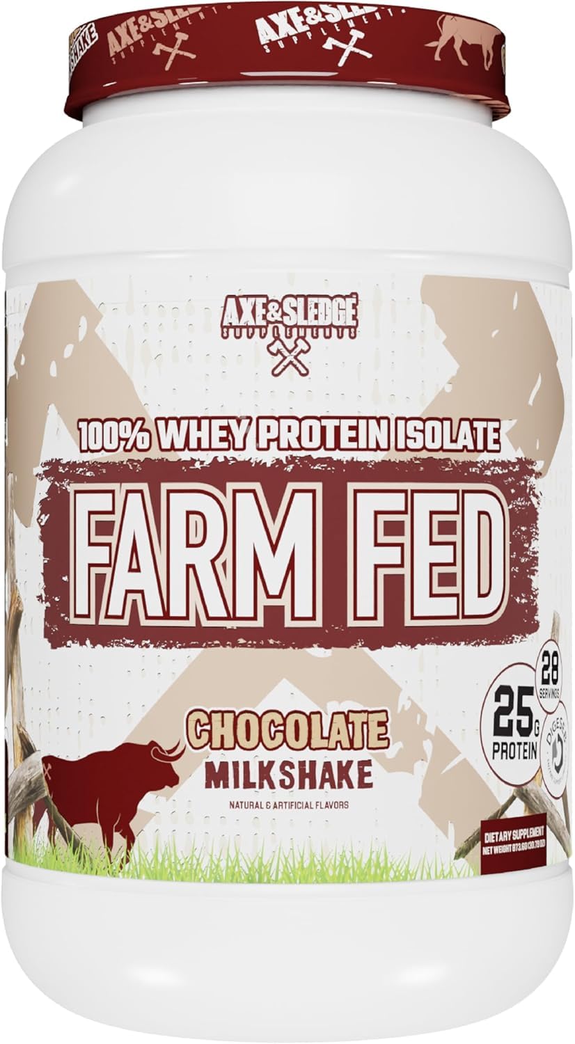Axe and Sledge Farm Fed whey isolate scoop closeup for fast absorption.