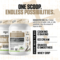 Tub displaying low-fat, gluten-free protein as part of macro-friendly nutrition.