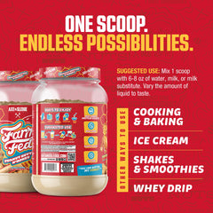 Farm Fed whey pour action demonstrating smooth, easy mixing.