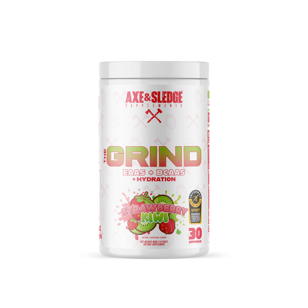 Axe & Sledge The Grind bottle pour displaying amino acid blend for recovery and hydration