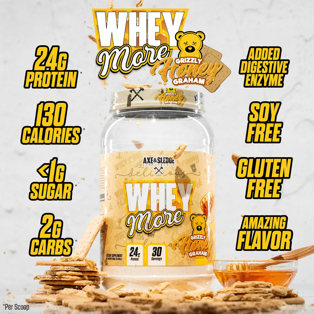 Axe & Sledge Whey More bottle beside oats for meal replacement ideas.