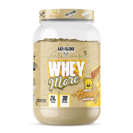 Axe & Sledge Whey More protein powder jar showcases premium blend and creamy texture.