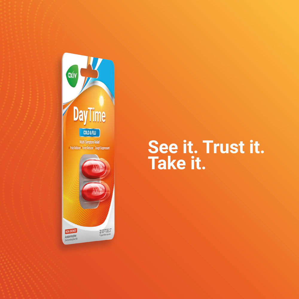 AXIV Daytime Softgels blister-pack for on-the-go relief.