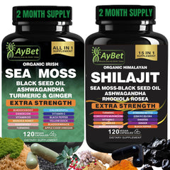 AyBet sea moss shilajit bundle bottle highlights an all-in-one wellness formula.