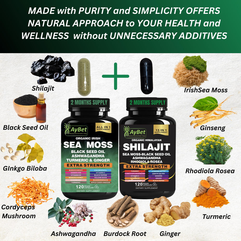 AyBet sea moss shilajit capsules closeup shows minerals-rich daily capsules.