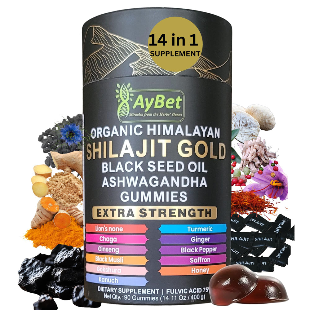 AyBet Shilajit Gold Gummies bottle and label for daily vitality.