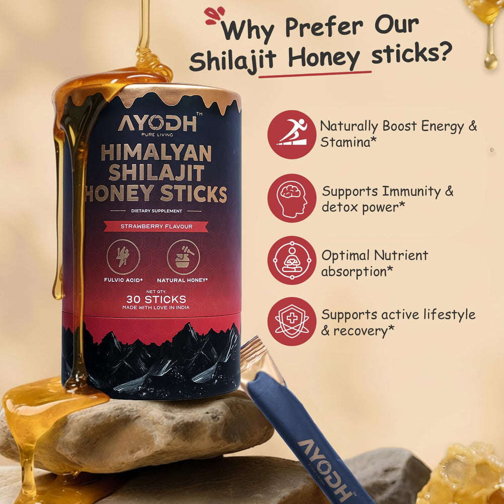 AYODH Himalayan Shilajit Honey Stick milk mix—strawberry aroma.