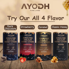 AYODH Himalayan Shilajit Honey Stick strawberry aroma—flavorful daily routine.