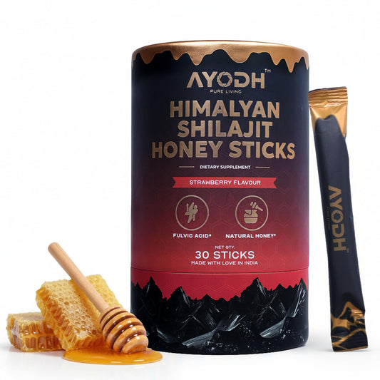 AYODH Himalayan Shilajit Honey Stick strawberry pack front—on-the-go energy booster.