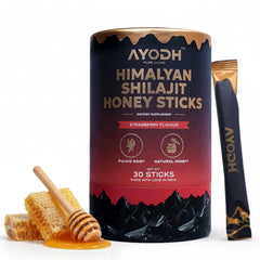 AYODH Himalayan Shilajit Honey Stick strawberry pack front—on-the-go energy booster.