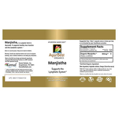 AyurBest Manjistha bottle front showcases USDA Organic and Kosher certifications.