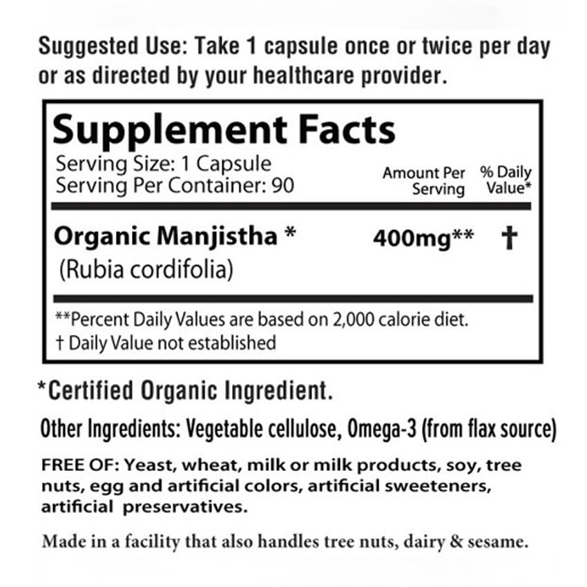 AyurBest Manjistha label highlights natural antioxidant profile and purity.