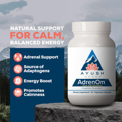Ayush Herbs AdrenOm capsules in bottle for daily stress support