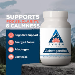 Ayush Herbs Ashwagandha label closeup highlighting 500 mg potency for stress support