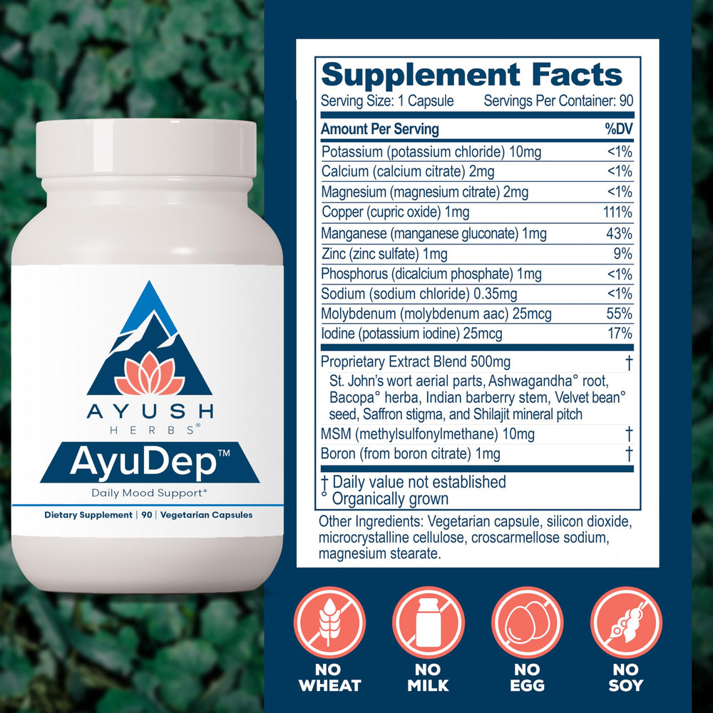 Ayush Herbs AyuDep bottle label closeup showcases a natural herbal formula