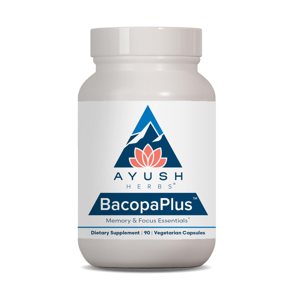 Ayush Herbs BacopaPlus bottle front showing organic memory support blend
