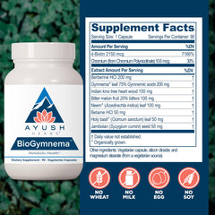 Ayush Herbs BioGymnema bottle front featuring vegan capsules and label