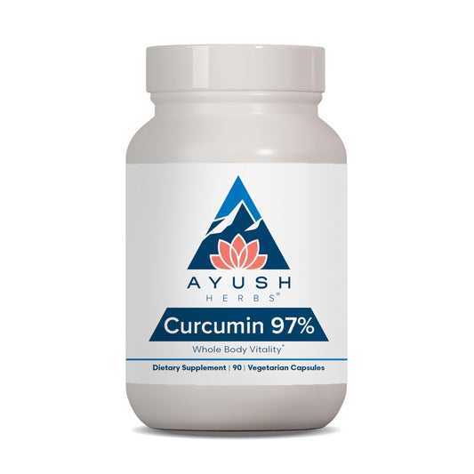 Ayush Herbs Curcumin 97% bottle showing capsules for joints