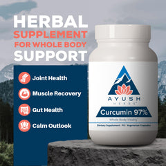Ayush Herbs Curcumin 97% capsule close-up highlighting high curcuminoids