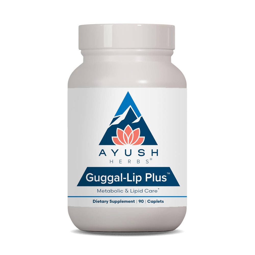 Ayush Herbs Guggal-Lip Plus bottle front showing 90 vegetarian caplets for daily metabolic support.