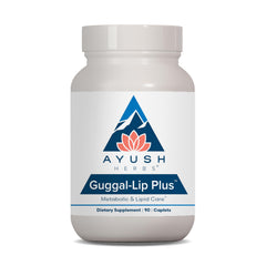 Ayush Herbs Guggal-Lip Plus bottle front showing 90 vegetarian caplets for daily metabolic support.