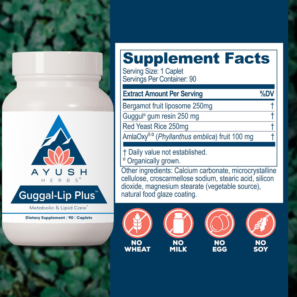 Ayush Herbs Guggal-Lip Plus label details featuring bergamot liposome and red yeast rice for heart health.
