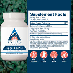 Ayush Herbs Guggal-Lip Plus label details featuring bergamot liposome and red yeast rice for heart health.