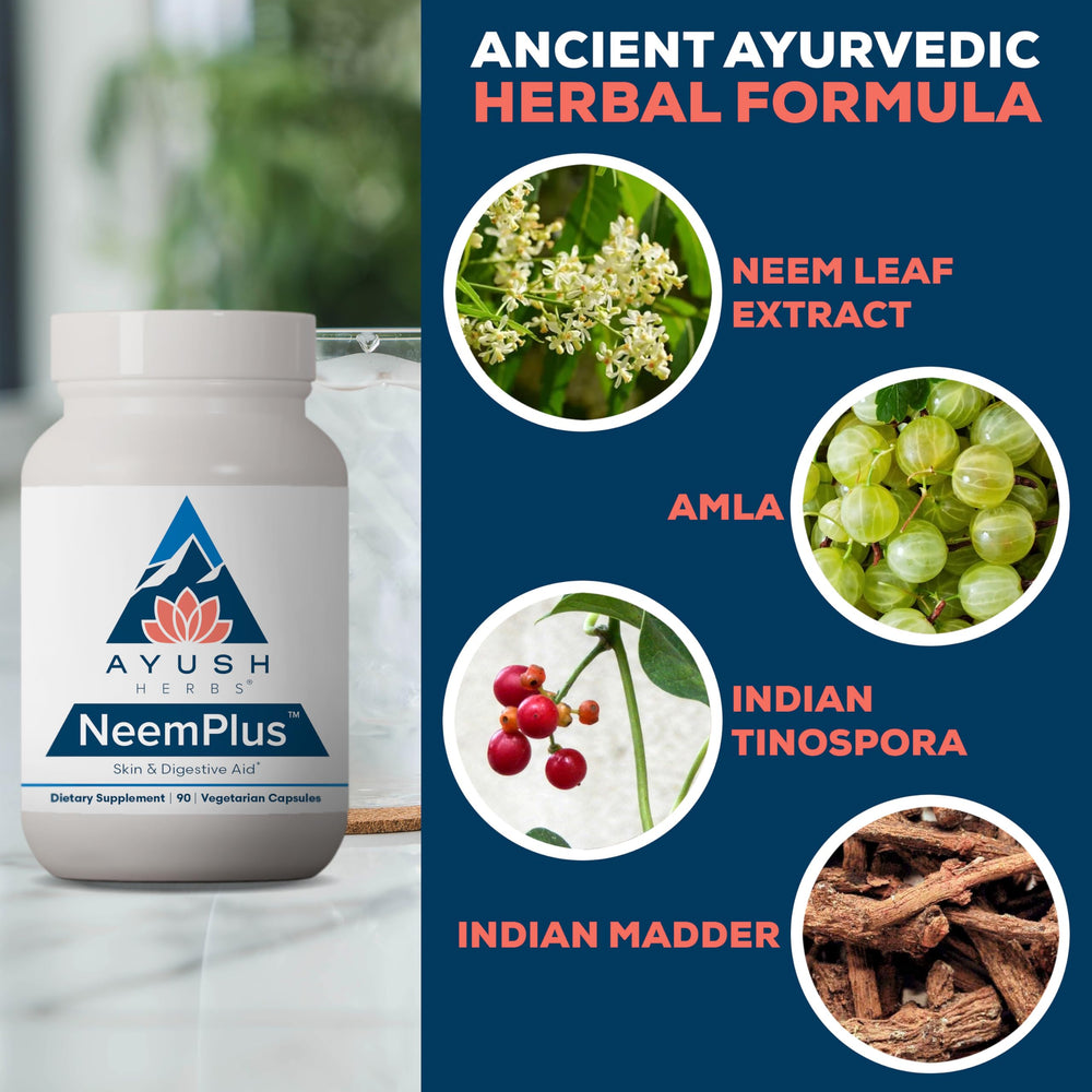 Neem Plus packaging emphasizes immune support and antioxidant-rich herbs.