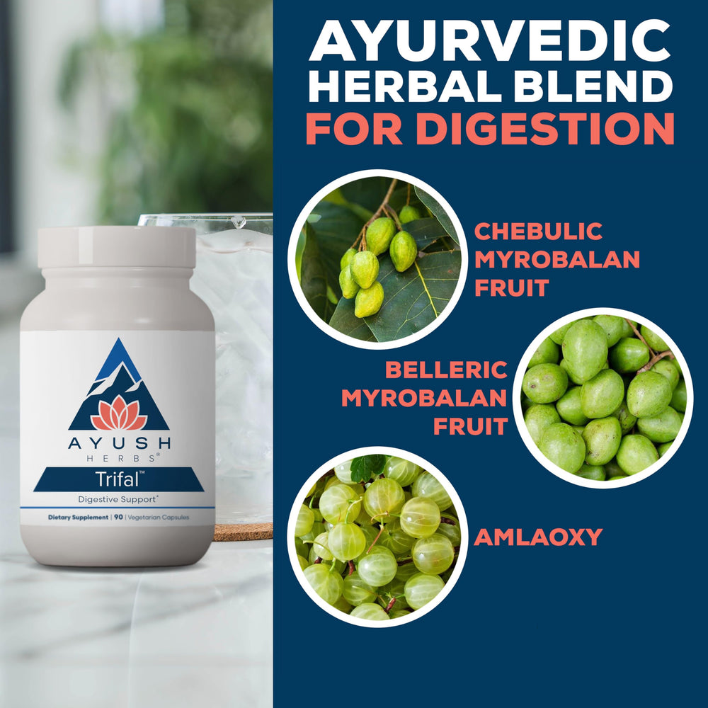 Ayush Herbs Trifal Triphala blend packaging shows chebulic myrobalan and bahera