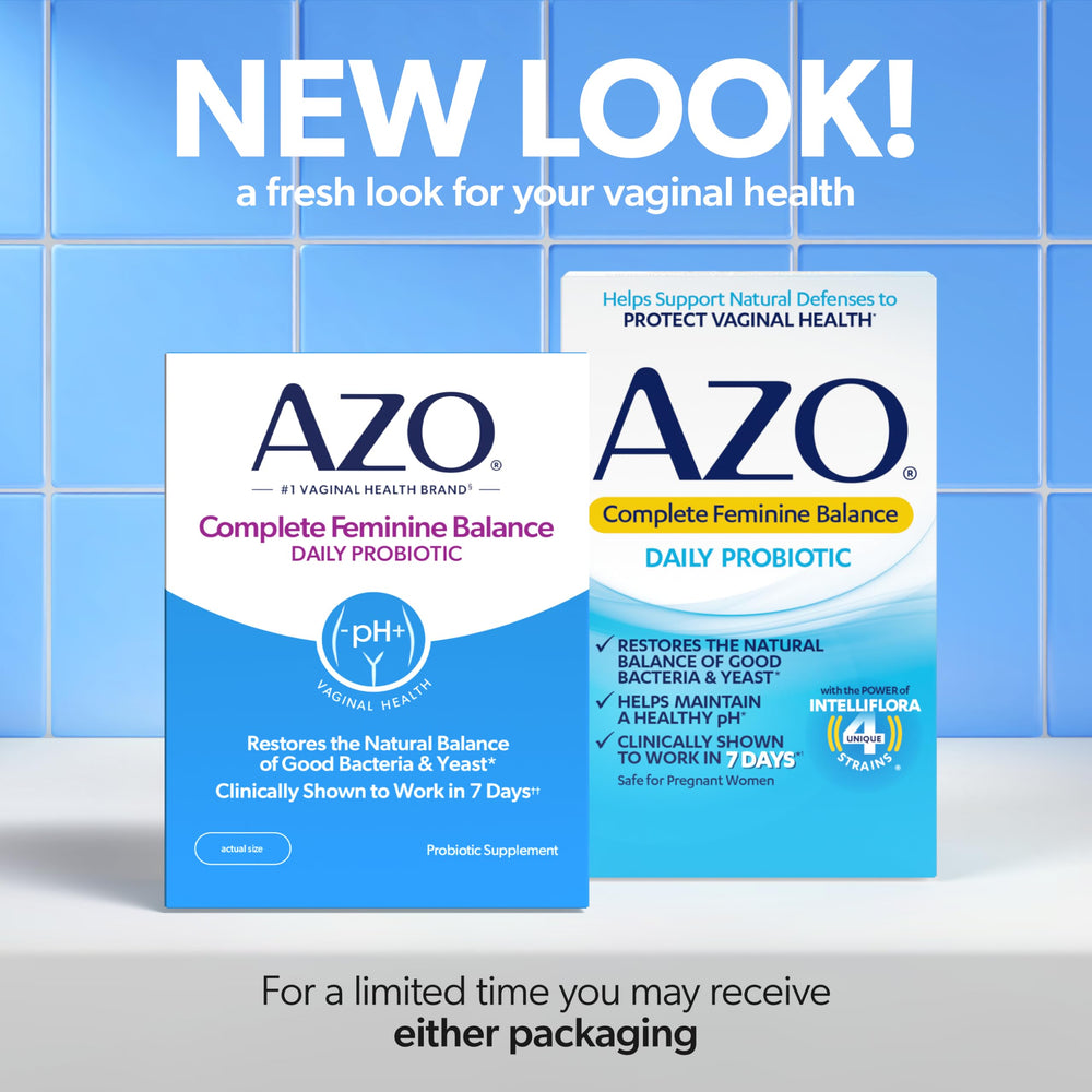 AZO Complete Feminine Balance capsules close-up highlighting Intelliflora blend