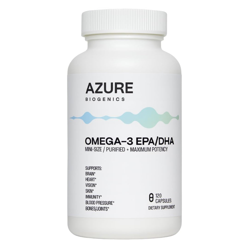 Azure Biogenics Omega-3 mini softgels bottle showing easy swallowing and purity