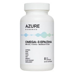 Azure Biogenics Omega-3 mini softgels bottle showing easy swallowing and purity