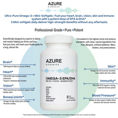 Azure Biogenics Omega-3 softgels close-up highlighting burpless capsules