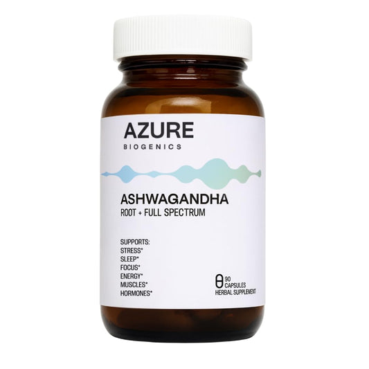 Azure Biogenics organic ashwagandha bottle suggesting daily stress balance and calm focus.