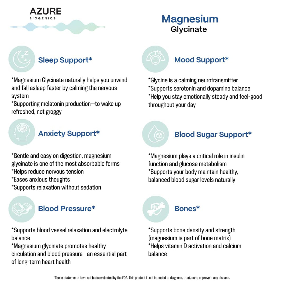 Azure Biogenics magnesium glycinate label highlighting purity and high absorption