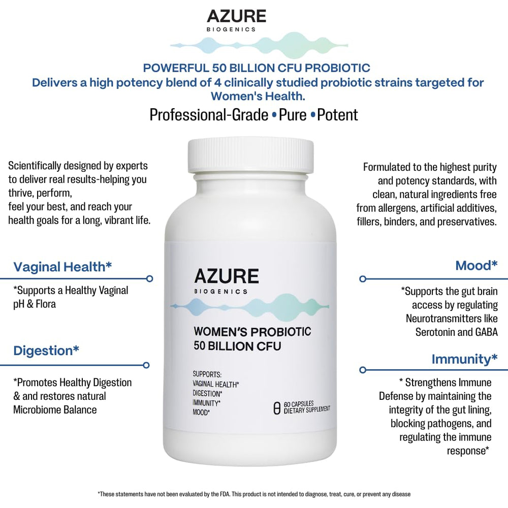 Azure Biogenics bottle showcases probiotic capsules for vaginal health support.