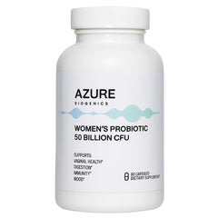 Azure Biogenics capsules in bottle for women's digestive balance.