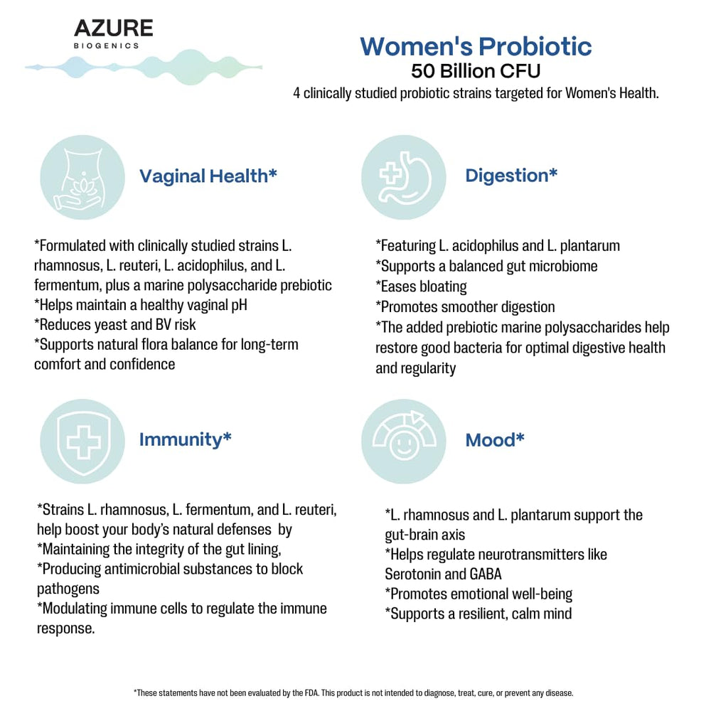 Azure Biogenics label highlights five probiotic strains for immune support.
