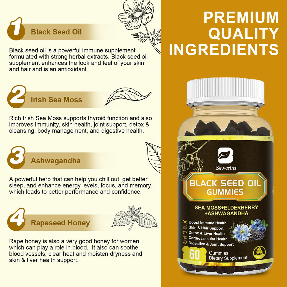 B BEWORTHS bottle label close-up highlighting immune support ingredients.