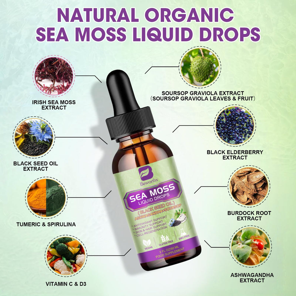 Pouring B BEWORTHS Sea Moss Drops into water for easy daily intake.