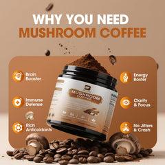 B BEWORTHS mushroom coffee with MCT oil bottle highlighting rapid energy absorption.