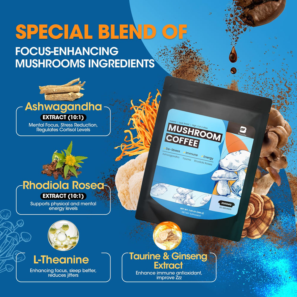 Glass jar displaying premium ingredients and convenient packaging of the blend