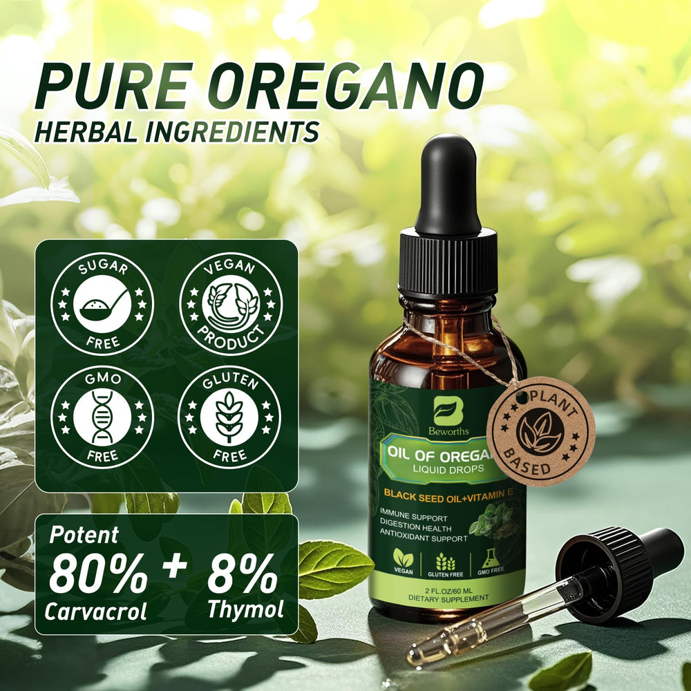 Label highlights carvacrol content on B BEWORTHS oregano oil drops