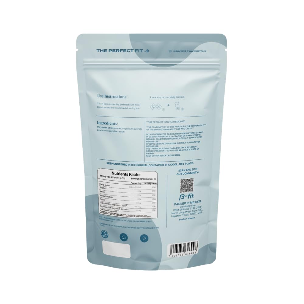 B-FIT B Magnesium Glycinate & Citrate bottle-back details vegan and gluten-free features
