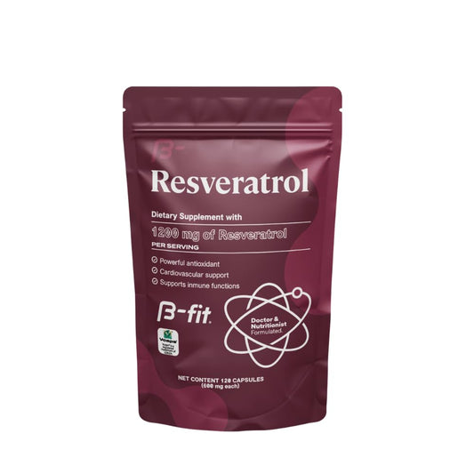 B-FIT B Resveratrol bottle front highlighting gluten-free, preservative-free quality.