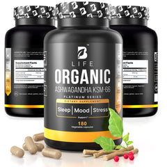 B Life Company Organic Ashwagandha KSM-66 bottle promotes calm and focus.