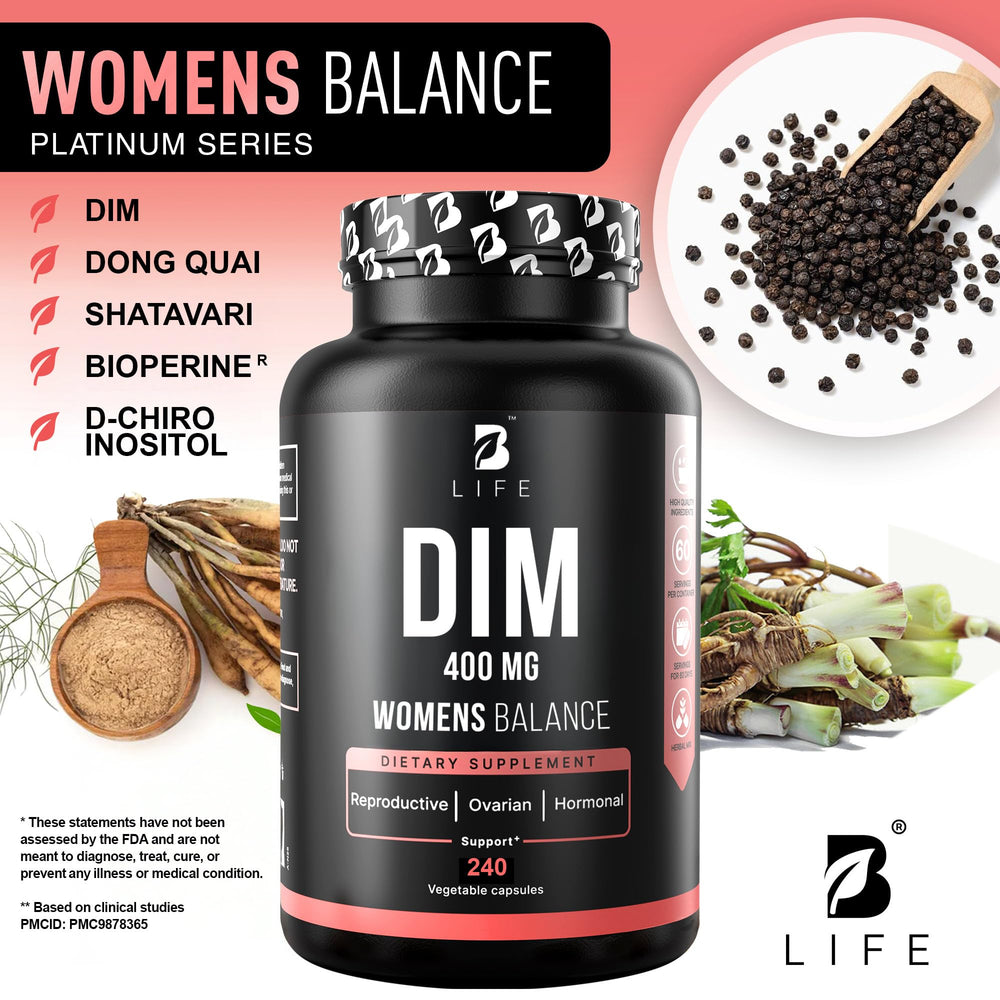 B Life Company label close-up of DIM blend for hormone-friendly daily routine.