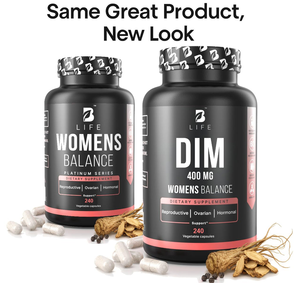 B Life Company packaging scene communicates a complete hormone balance routine.