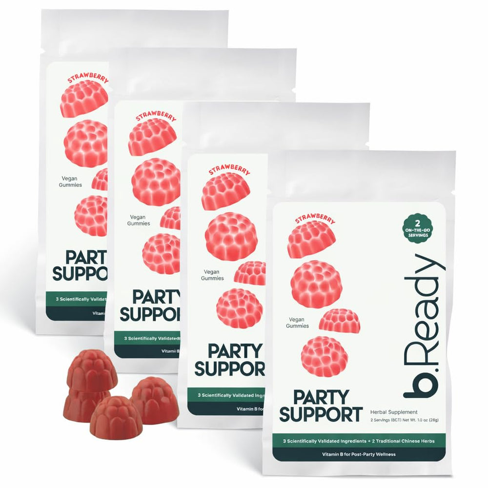 b.Ready Hangover Relief Strawberry Gummies on a bright counter, offering convenient morning recovery and elevated energy