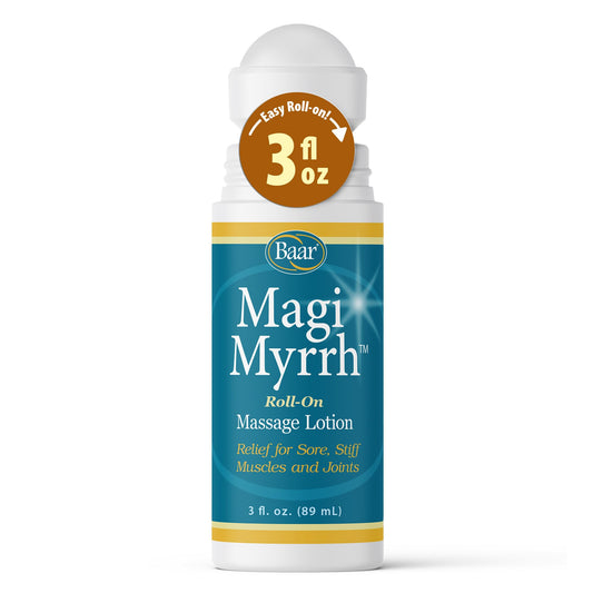 Baar Magi Myrrh Massage Lotion Roll-On bottle close-up for soothing massage
